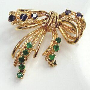 Vintage 14K Emerald Sapphire Ribbon Bow Brooch with Dangle JR1475